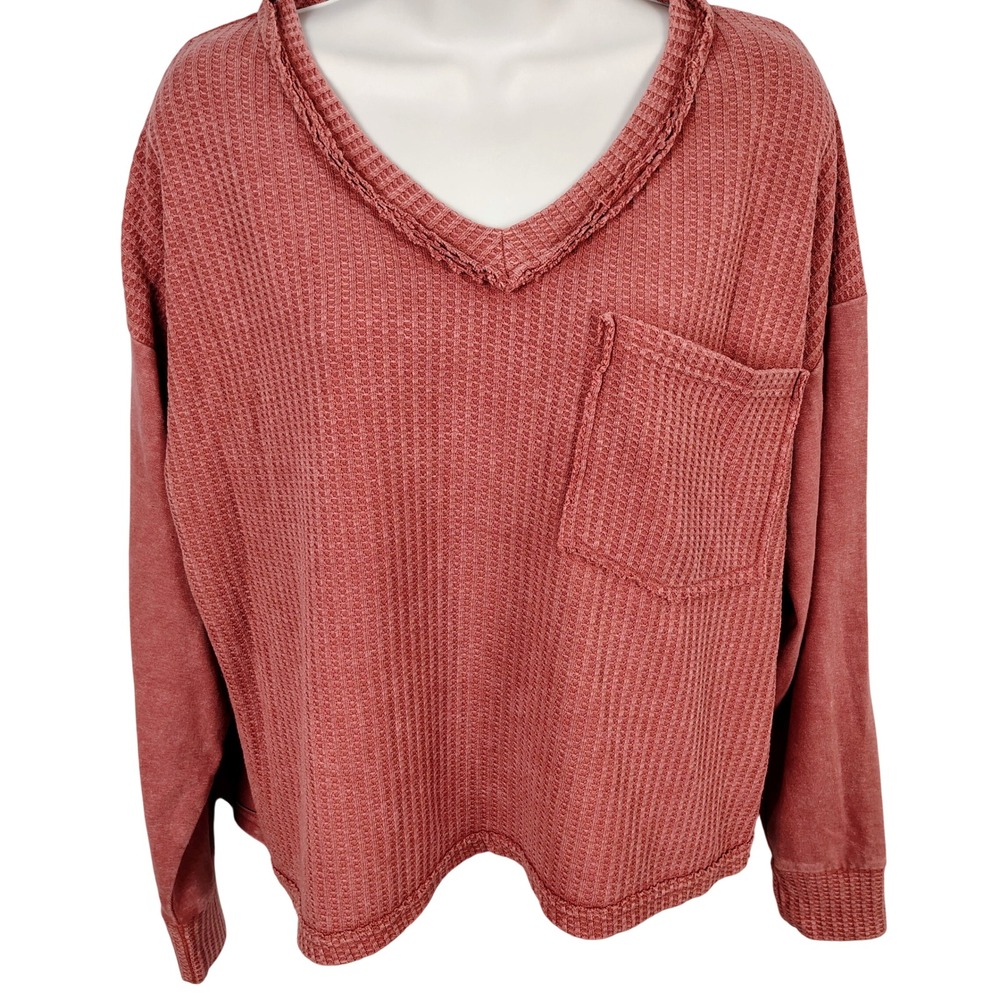 BKE Womens S V-Neck Waffle Knit Top Terracotta Mixed Media Gorpcore Boho